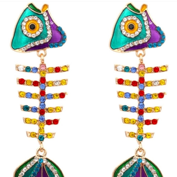 Callie Prosperity Wishbone Multi Rhinestone Blingy Fishbone Earrings - Picture 7 of 7